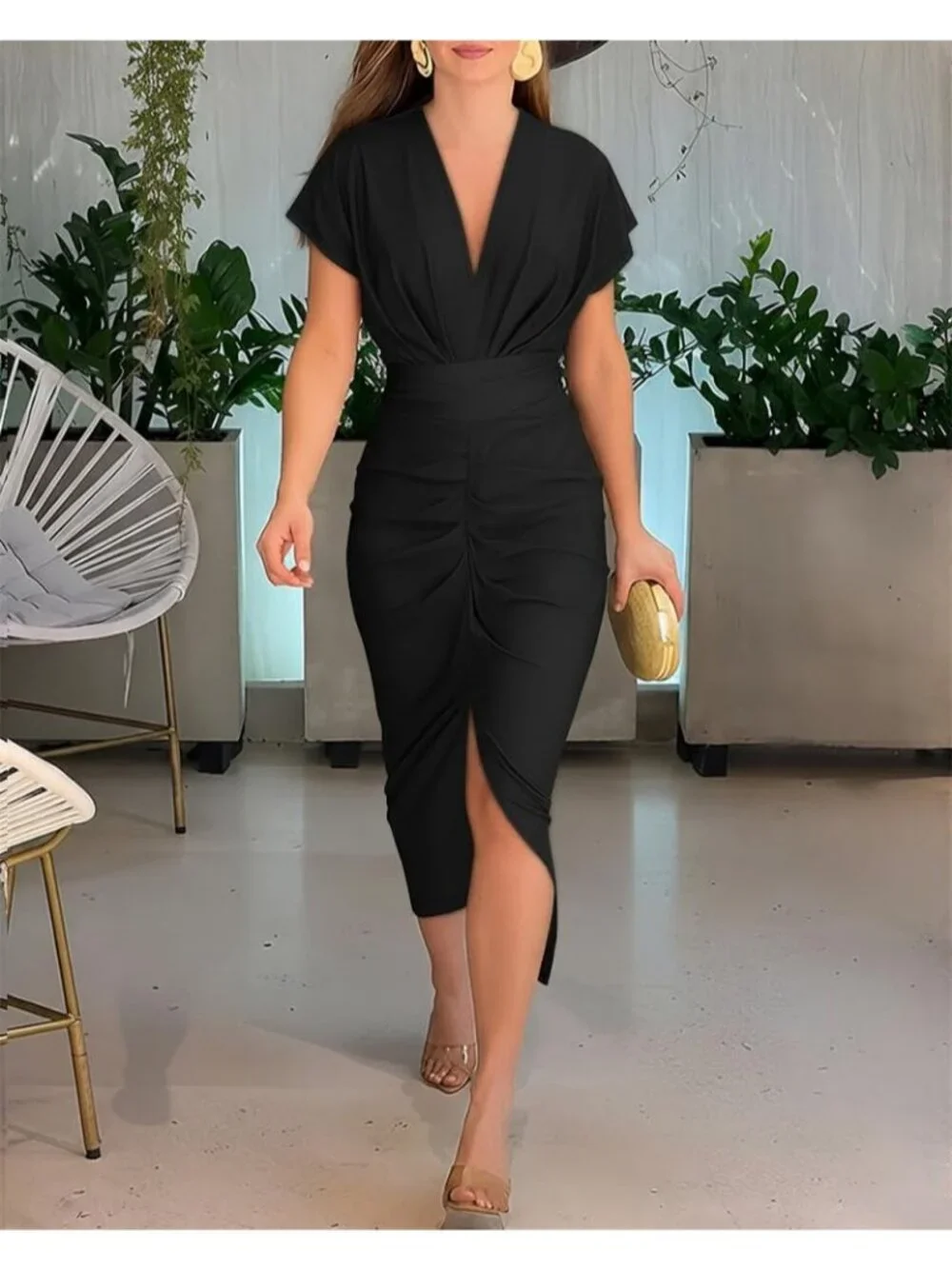 Women's Black Polyester Elastane Floral Print V Neck Slit Bodycon Midi Dress